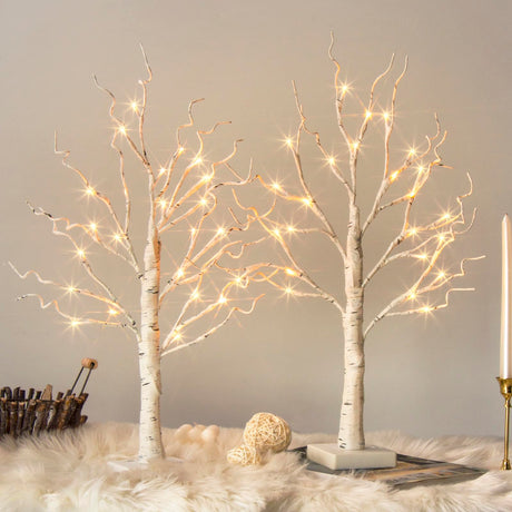 Vanthylit White Birch Tree with LED Lights - Set of 2, Tabletop Tree with Timer, Christmas Decorations Lighted Tree for Indoor Mantel Home Decor (2 FT, 24 LED) Vanthylit