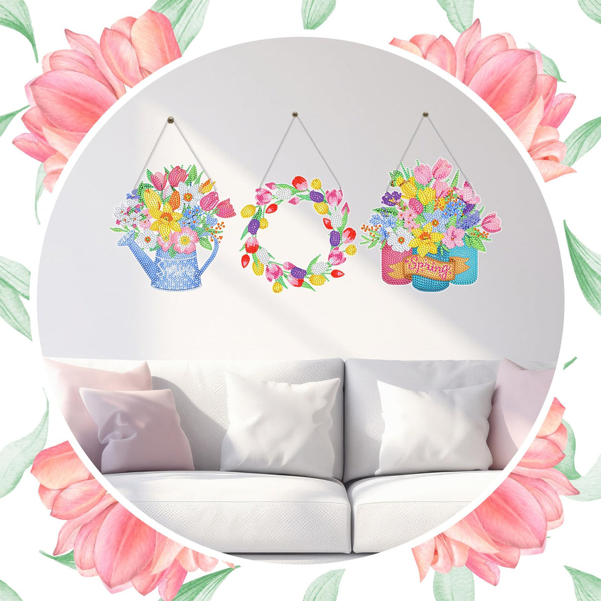 Menkxi 3 Set 5d Spring Diamond Painting Hanging Spring Flower Diamond Art Kits Sign Wreath Tulip Spray Bottle DIY Crystal Paint Arts and Crafts Set for Garden Door Window Ornaments Menkxi