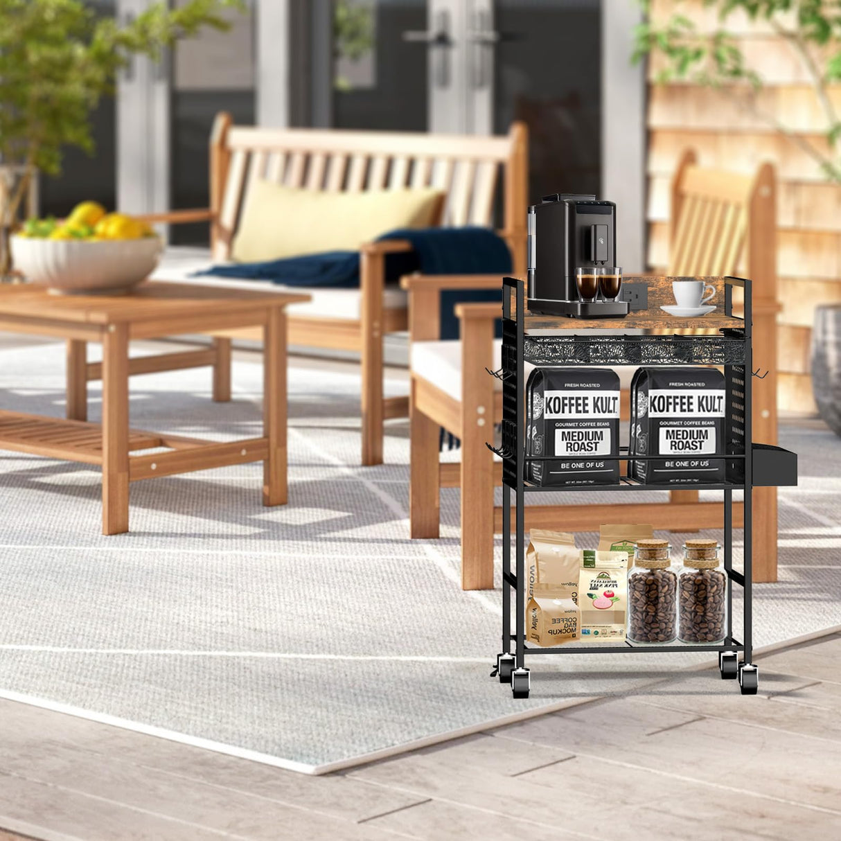 Kwynsa Coffee Bar Cabinet with Power Outlet, Coffee car with Lockable Wheels,Coffee Pod Holder,for Office,Living Room and Small Space,(Rustic Brown) Kwynsa