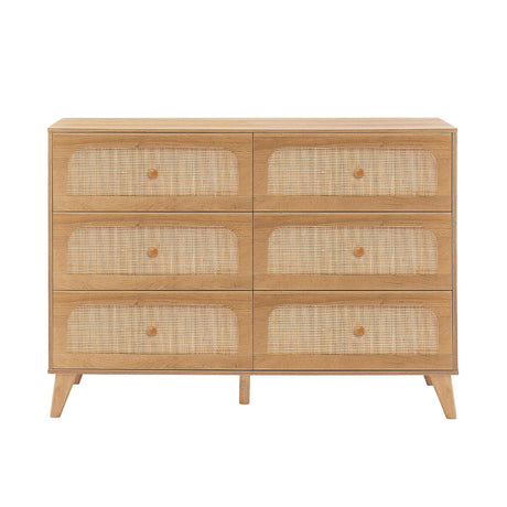 GANLLY 6 Drawer Dresser,Rattan Dresser for Bedroom, Mid-Century Modern Organizer Dresser for Closet Bedroom,Hallway,Entryway,Natural Brown GANLLY