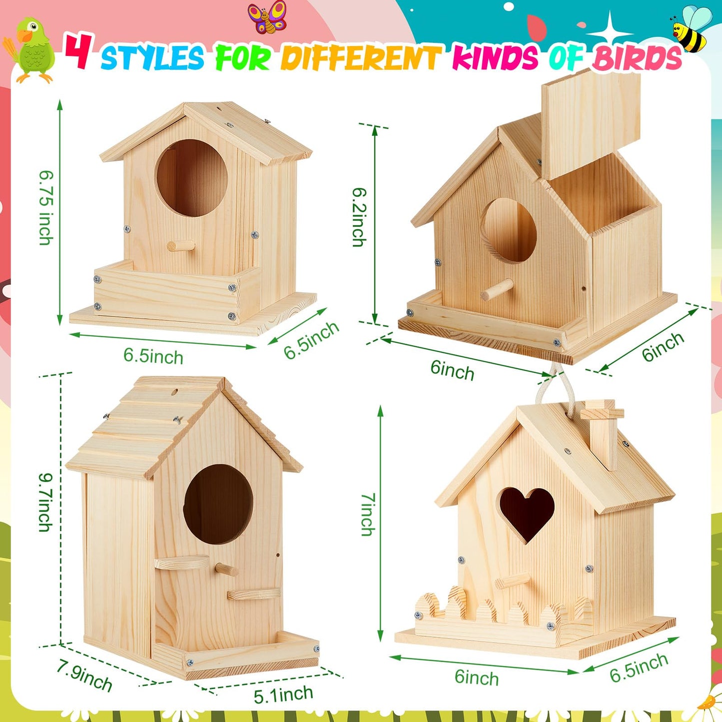 Juexica 4 Pack Wooden Birdhouse Kit DIY Craft Bird House with Paint and Paintbrushes Build a Bird Bungalow for Boys Girls Adults Arts Projects Gift Party Favor(Assorted)