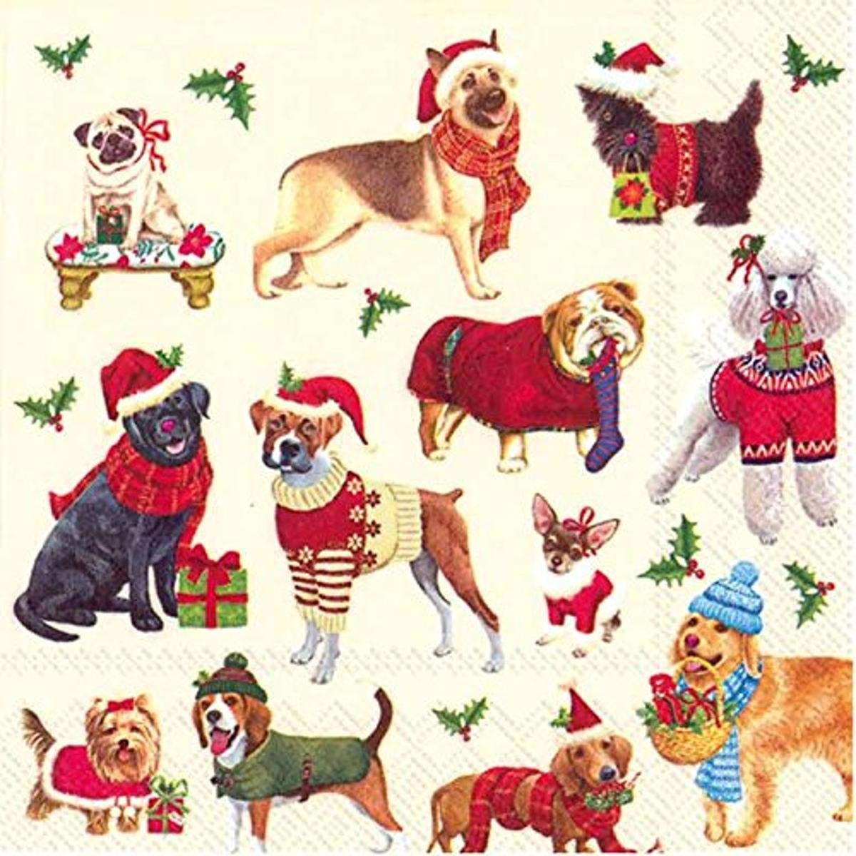 Ideal Home Range Boston International IHR 3-Ply Paper Napkin, 20-Count Cocktail Size, Christmas Dogs Boston International