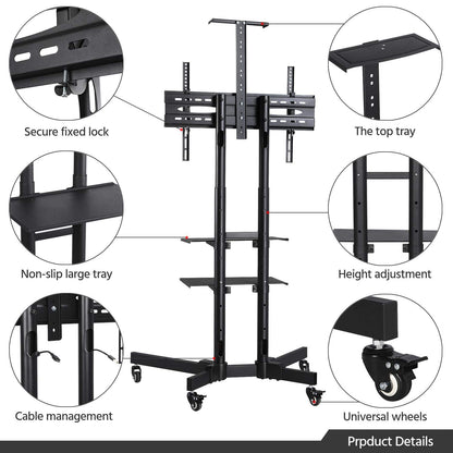 Yaheetech Mobile TV Stand, Adjustable Rolling TV Cart w/ Locking Wheels for 32-75" LCD LED Plasma Flat Panel Screen TV up to 110LB, Portable TV Cart Stand w/ Flexible Laptop Shelf, Max. VESA 600x400