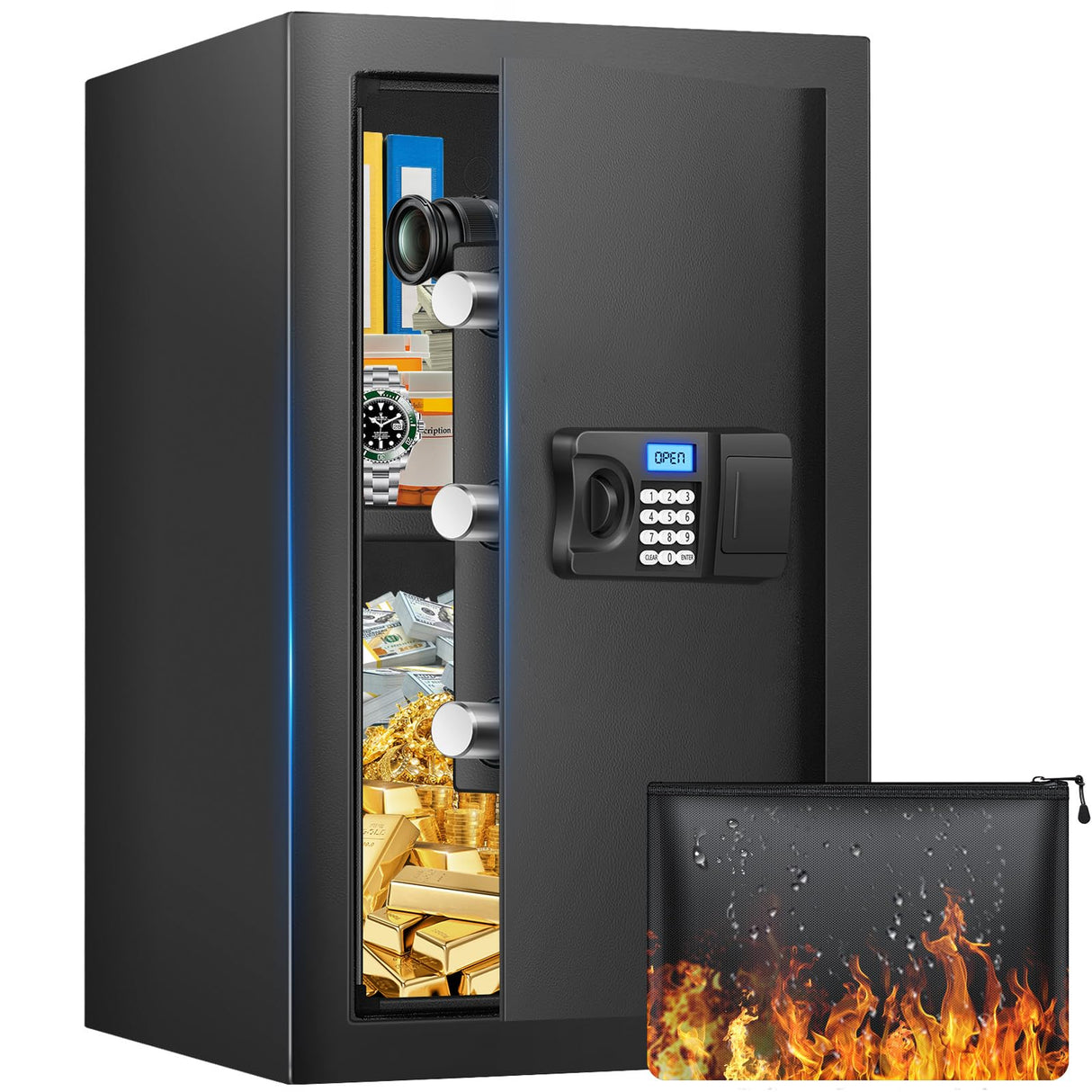 Safe Box, 3.2 Cuft Home Safe with Fireproof Waterproof Bag, Anti-Theft Digital Security Safes with Smart Alert System, Removable Shelf, Mute Function, Document Safes for Money Jewelry FOWORE