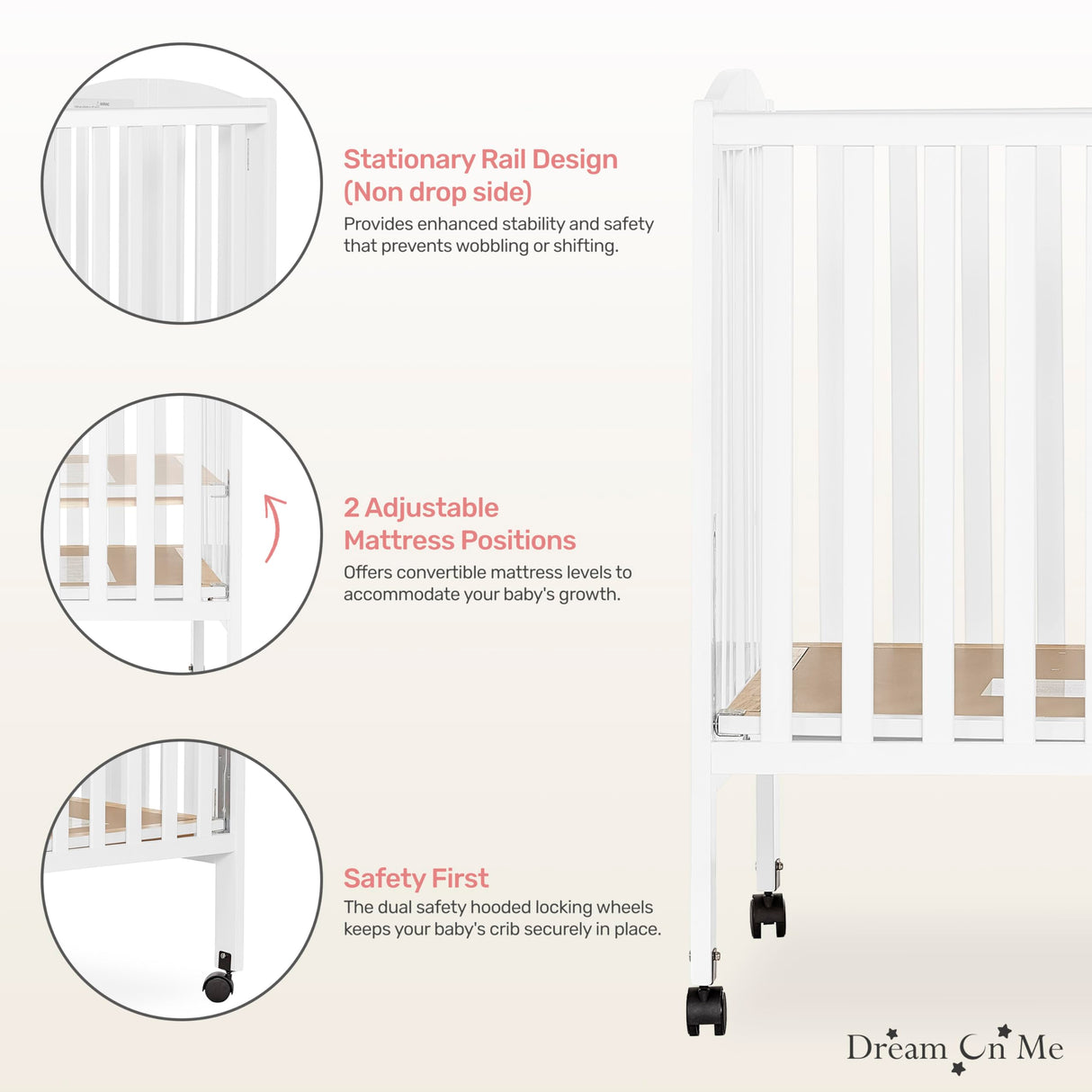 Dream On Me Full Size 2-in-1 Folding Stationary Side Crib In White, Locking Wheels, Folds Flat For Storage, Comes with Teething Guard, Non-Toxic Finish Dream On Me