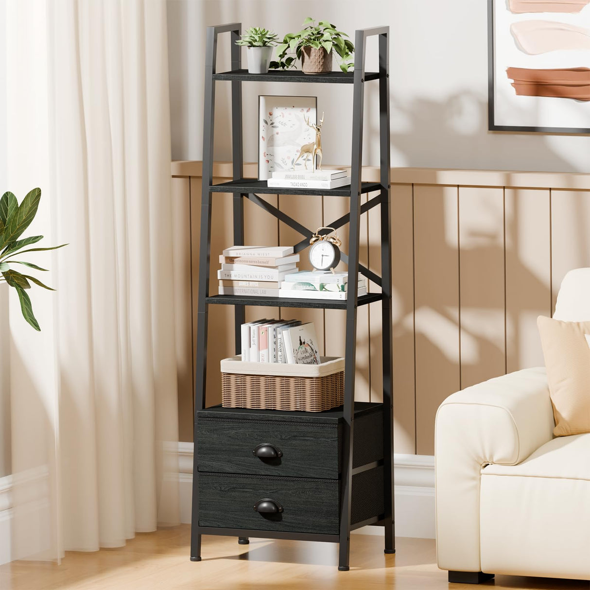 Furologee 4-Tier Ladder Shelf,Small Bookshelf with 2 Drawers,Vertical Bookcase Storage Rack Organizer,Display Bookshelves for Living Room,Bedroom,Bathroom,Home Office,Kitchen,Rustic Brown,Black Oak Furologee