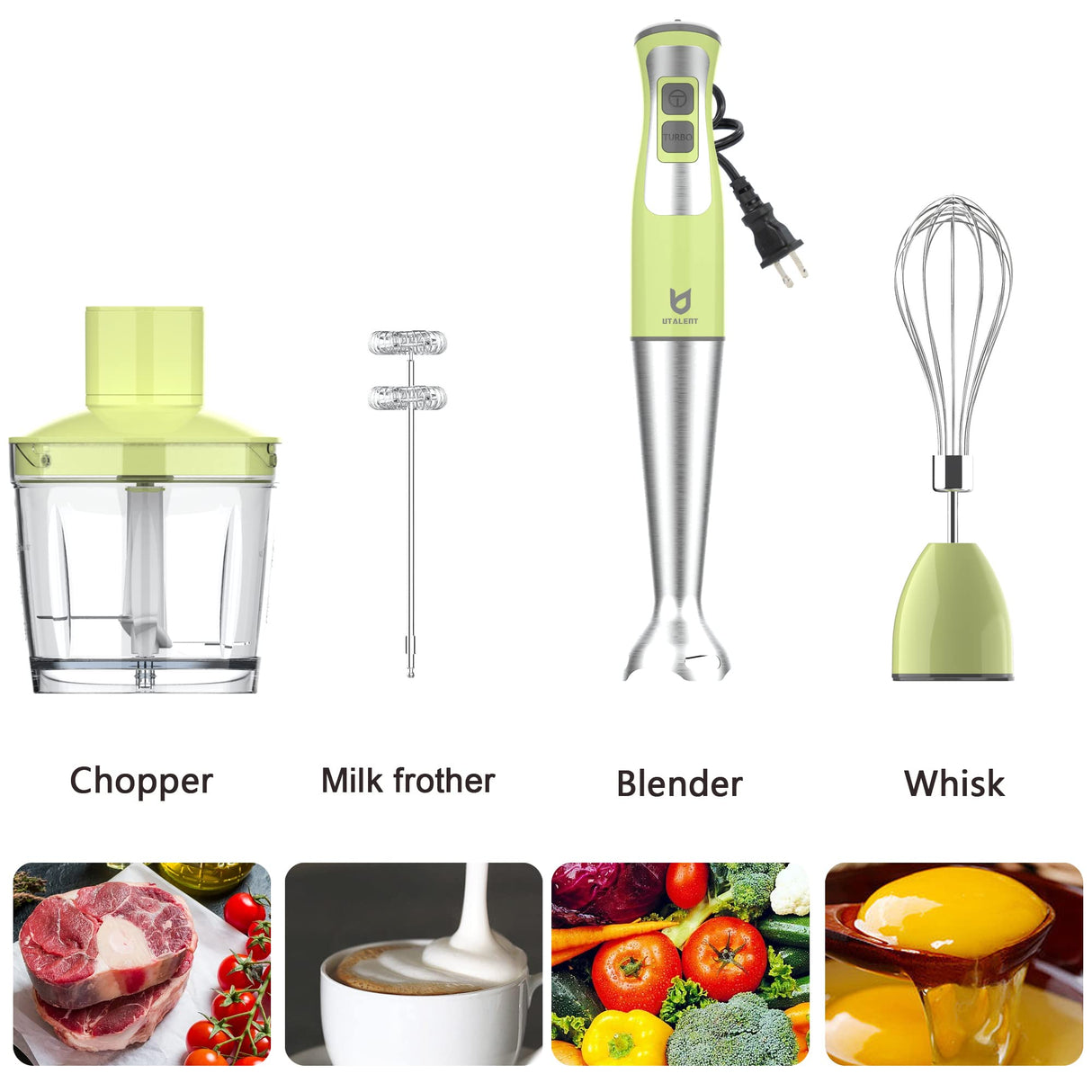Immersion Hand Blender, UTALENT 5-in-1 8-Speed Stick Blender with 500ml Food Grinder, BPA-Free, 600ml Container,Milk Frother,Egg Whisk,Puree Infant Food, Smoothies, Sauces and Soups - Green UTALENT