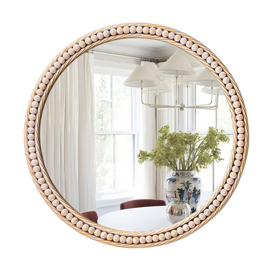 Circle Wall Mirror for Bathroom 20" Round Beaded Framed Mirror Farmhouse Wooden Mirror for Decor Decorative Vanity Mirror Rustic Hanging Mirror for Bathroom Entryway Washingroom Living Room B - WoodArtSupply