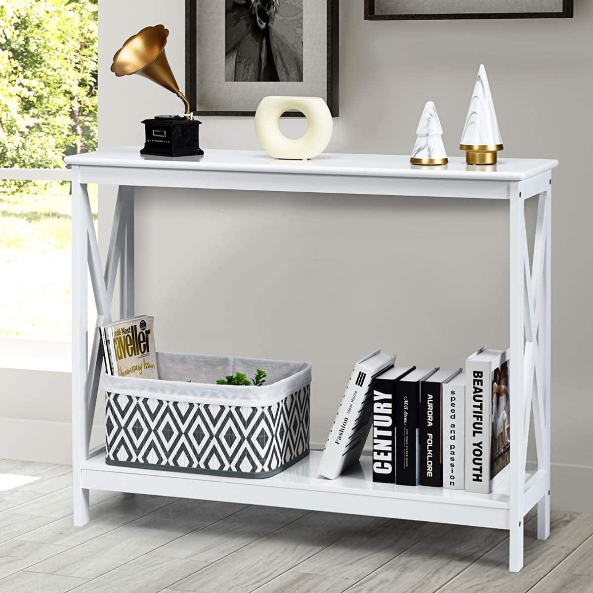 Giantex Console Table 2-Tier with Storage Shelf,X-Design Bookshelf Narrow Accent Table for Entryway Hallway Living Room Sofa Side Table (White)