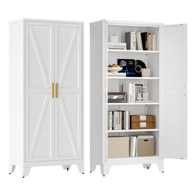 Washsemba 71'' Farmhouse Metal Storage Cabinet with Barn Doors,Steel File Cabinet for Home Office,Kitchen Pantry 4 Adjustable Shelves,Freestanding Cupboard for Kitchen,for Home Office,School (White)