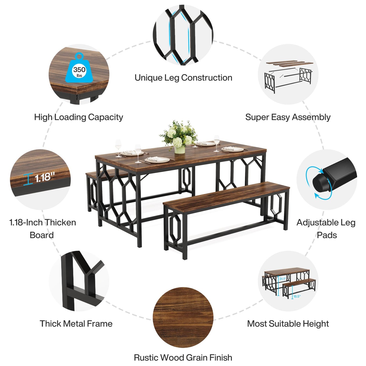 Tribesigns 55-Inch Rustic Brown & Black Dining Table Set with 2 Benches for 4 to 6 People