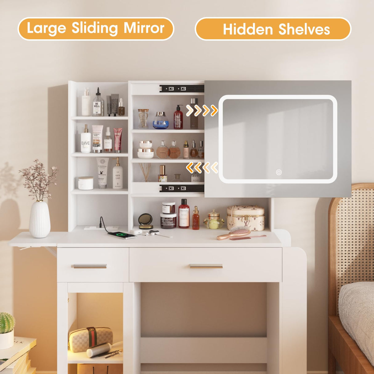 Vabches Vanity Desk with Mirror and Lights, Makeup Vanity with Charging Station, Vanity Table with Drawers, Shelves and Large Storage Cabinet for Home and Bedroom Vabches