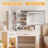 Vabches Vanity Desk with Mirror and Lights, Makeup Vanity with Charging Station, Vanity Table with Drawers, Shelves and Large Storage Cabinet for Home and Bedroom Vabches