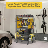 Power Tool Organizer Cart with Charging Station, Heavy Duty Garage Tool Organizer Rolling Tool Battery Storage with 8-Outlet Power Strip, 4 Wheels, 2 Hanging Baskets, 8 Hooks, Drill Bit Holder, Yellow NEYCIL