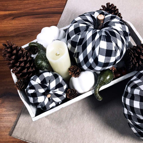 Package of 3 Assorted Burlap Pumpkins Fabric Pumpkins Buffalo Plaid Pumpkins Gingham Fabric Pumpkins Fall Thanksgiving Halloween Seasonal Holiday Farmhouse Tabletop Decoration Winlyn