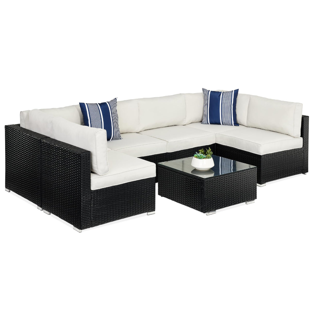 Best Choice Products 7-Piece Modular Outdoor Sectional Wicker Patio Conversation Set w/ 2 Pillows, Coffee Table, Cover Included - Black/White Sand Best Choice Products