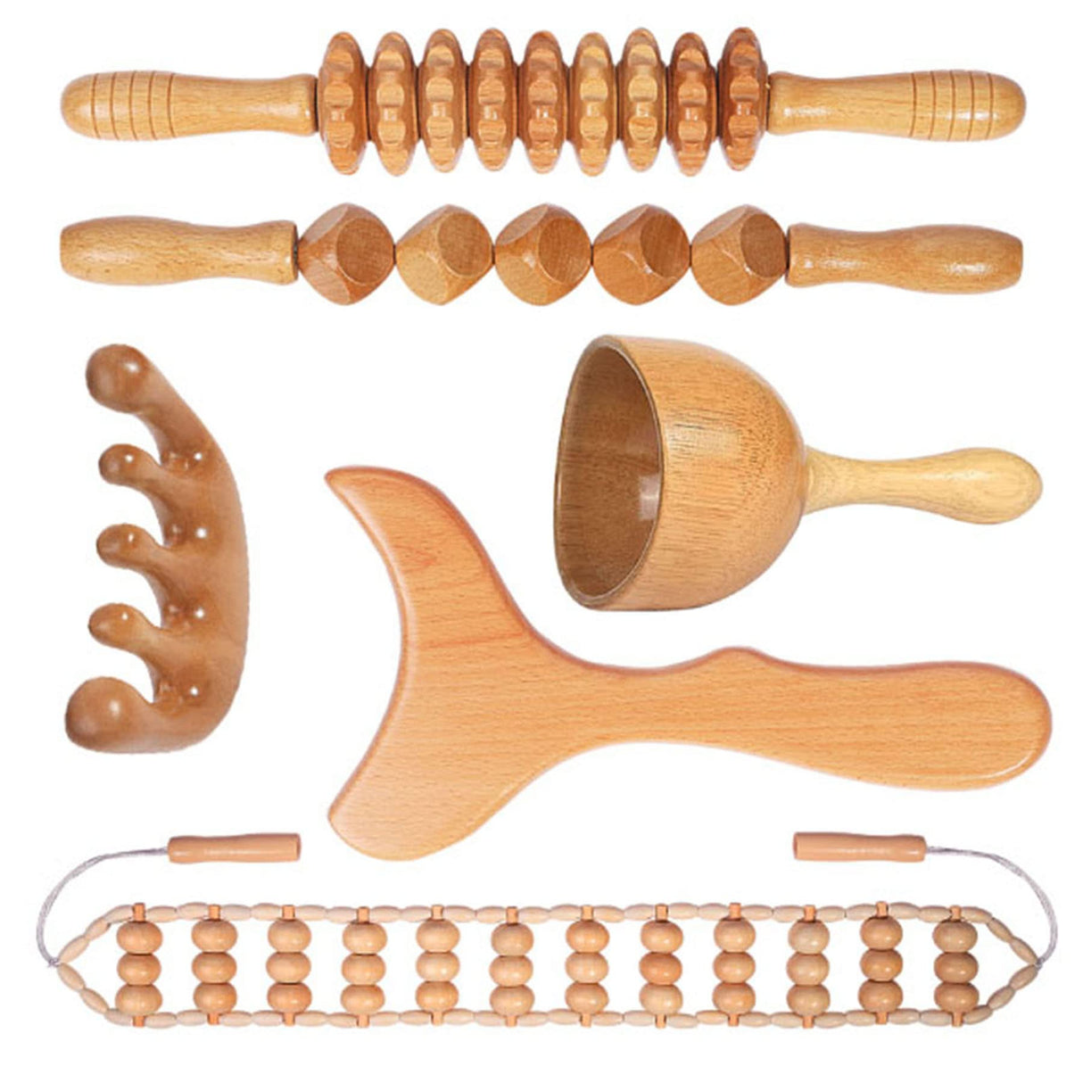 OYAMEQICH Wood Therapy Massage Tools Maderoterapia Kit Body Sculpting Tools for Lymphatic Drainage and Anti-Cellulite .Wood Massager Roller Rpoe for Back and Muscle Pain Relief (Medium) OYAMEQICH
