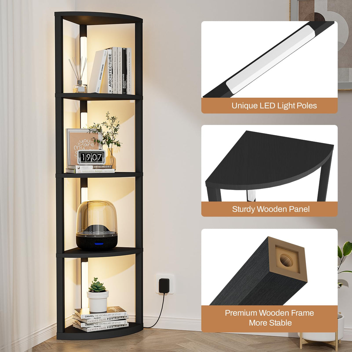 VILICK Corner Shelf with Light 5 Tier Tall Standing Shelf Dimmable Corner Floor Lamp with Shelves LED Corner Bookshelf Display Cabinet Shelf for Living Room, Bedroom, Home Decor VILICK