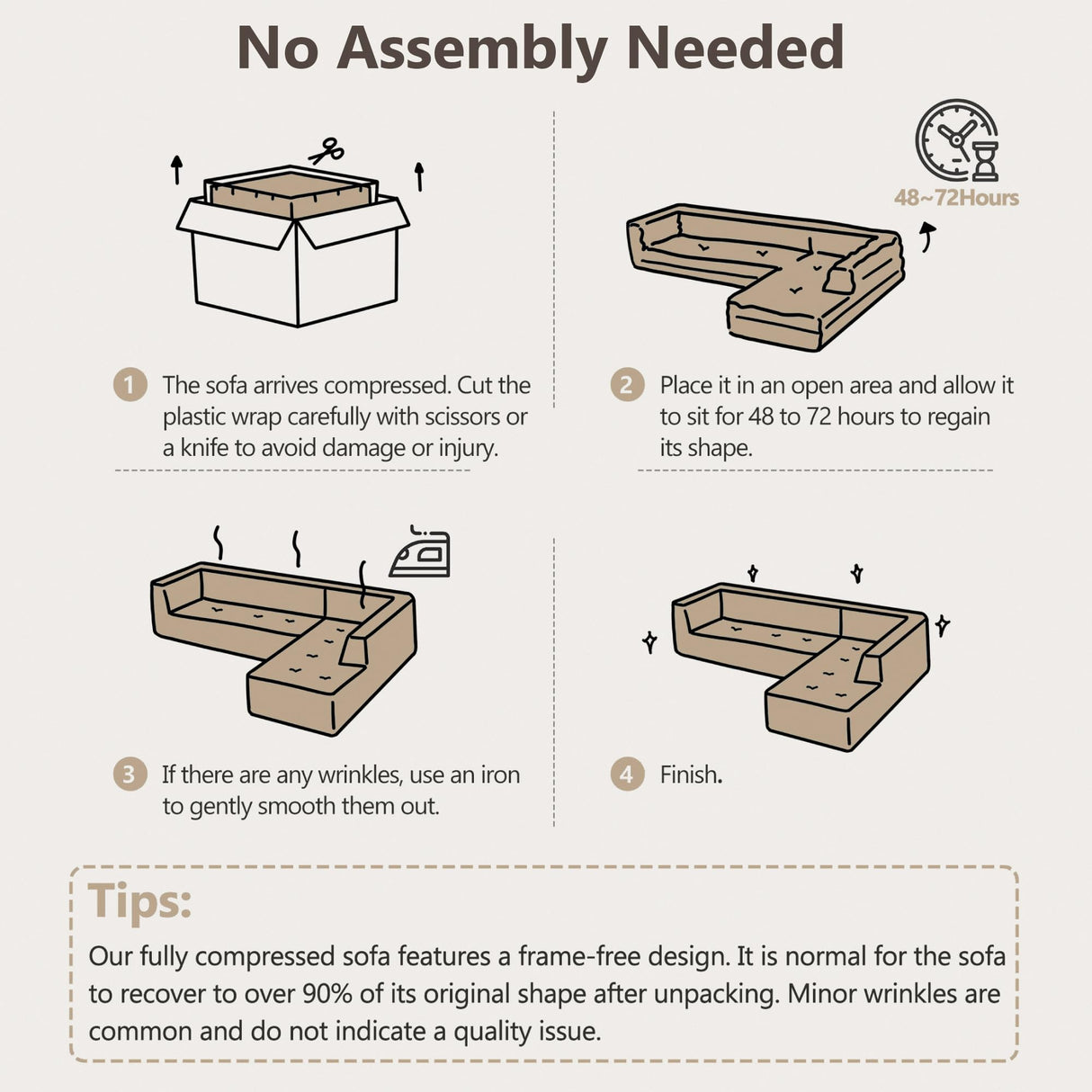 110'' Modern Curved Sofa Sectional, Arc 4-Seater Foam Couch Compressed in-a-Box, Boneless Cloud Couch with Extra-Deep-Wide Seats in Comfortable Chenille, No Assembly, Apricot Taupe Olodumare