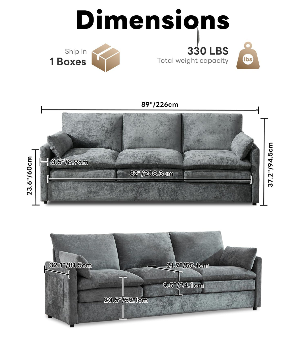 Tbfit Modern Sofa, 89" Cloud Couch w/Pillows, Pocketed Spring Seats, Comfy 3-Seater Plush Foam Cushions, Chenille Fabric Removable Cover, Soft Upholstered Living Room Furniture Home Apartment, Gray Tbfit