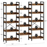 Rolanstar Bookshelf 5 Tiers with 4 Hooks, Triple Bookcase with Open Display Shelves, Industrial Wide Bookshelf with Metal Frame for Living Room, Office, Rustic Brown Rolanstar
