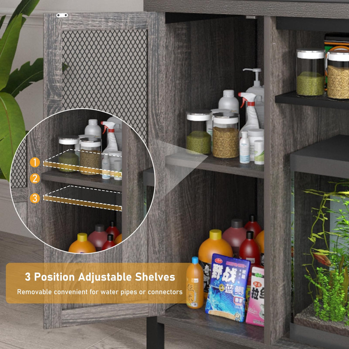 Hlivelood 55-75 Gallon Fish Tank Stand with Power Outlet&LED Lights, Heavy Duty Metal Aquarium Stand for 2 Fish Tank Accessories Storage, Suit for Turtle Tank, Reptile Terrarium, 880lbs Capacity, Grey Hlivelood