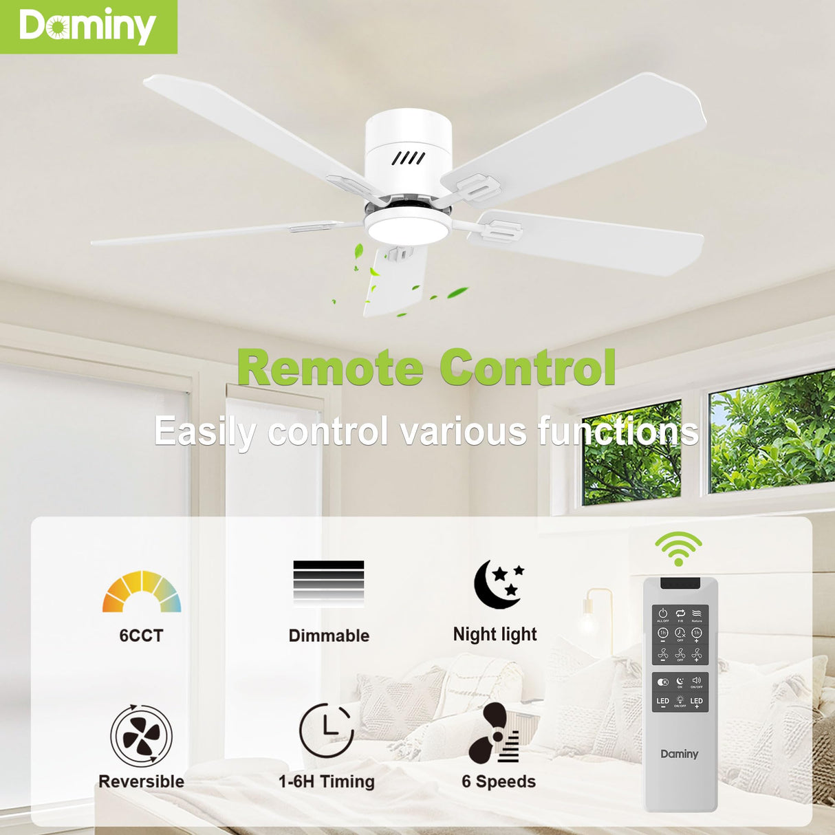 DAMINY 52 inch 5 Blades White Ceiling Fans with Lights,Flush Mount,6CCT, Low Profile Ceiling Fan with Light and Remote Control,DC Motor,Ceiling Fan for Bedroom, Kitchen,Living Room,Indoor/Outdoor Use DAMINY