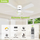 DAMINY 52 inch 5 Blades White Ceiling Fans with Lights,Flush Mount,6CCT, Low Profile Ceiling Fan with Light and Remote Control,DC Motor,Ceiling Fan for Bedroom, Kitchen,Living Room,Indoor/Outdoor Use DAMINY
