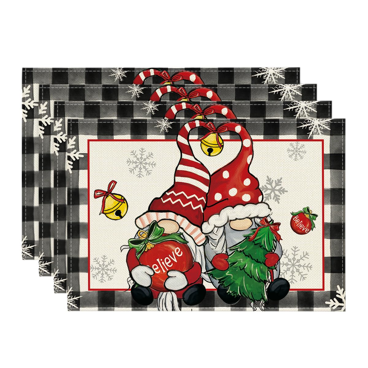 Artoid Mode Gnome Believe Xmas Balls Christmas Placemats Set of 4, 12x18 Inch Seasonal Winter Snowflake Table Mats for Party Kitchen Dining Decoration Artoid Mode