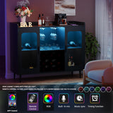Hyomdeck Liquor Cabinet Bar with Power Outlet and LED Light, Wine Bar Cabinet with Wine and Glasses Rack, Home Coffee Bar Cabinet, Buffet Sideboard with Storage Shelf for Kitchen, Dining Room, Black Hyomdeck