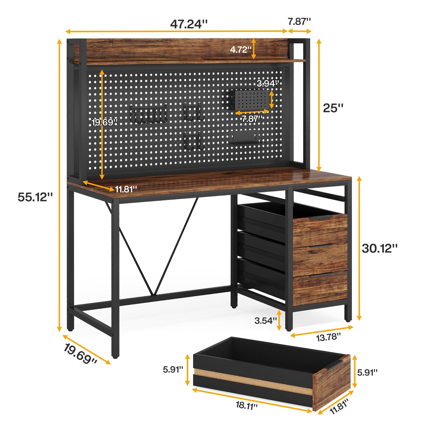 Tribesigns Computer Desk with 4 Drawers, 47 Inches Home Office Desk with Hutch and Storage, Industrial Gaming Desk PC Desk with Pegboard Study Writing Table Workstation for Home Office, Brown - WoodArtSupply