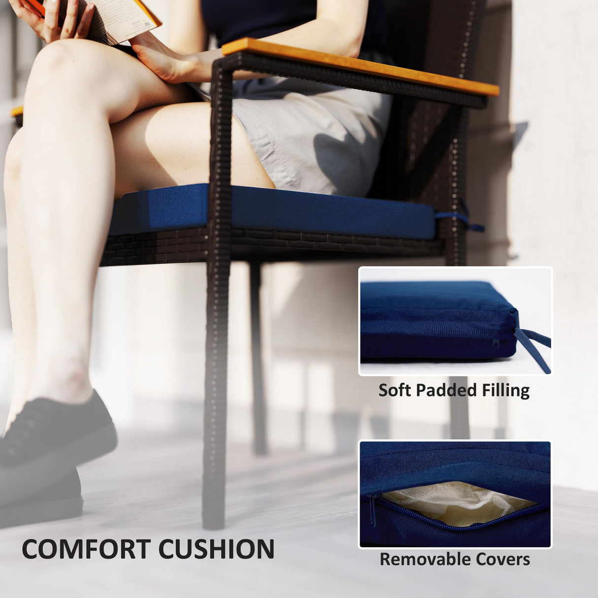 Outsunny Wicker Outdoor Dining Chairs Set of 2, Stackable PE Rattan Patio Dining Chairs with Cushions and Acacia Wood Armrests for Deck, Garden, 353 LBS Capacity, Navy Blue Outsunny