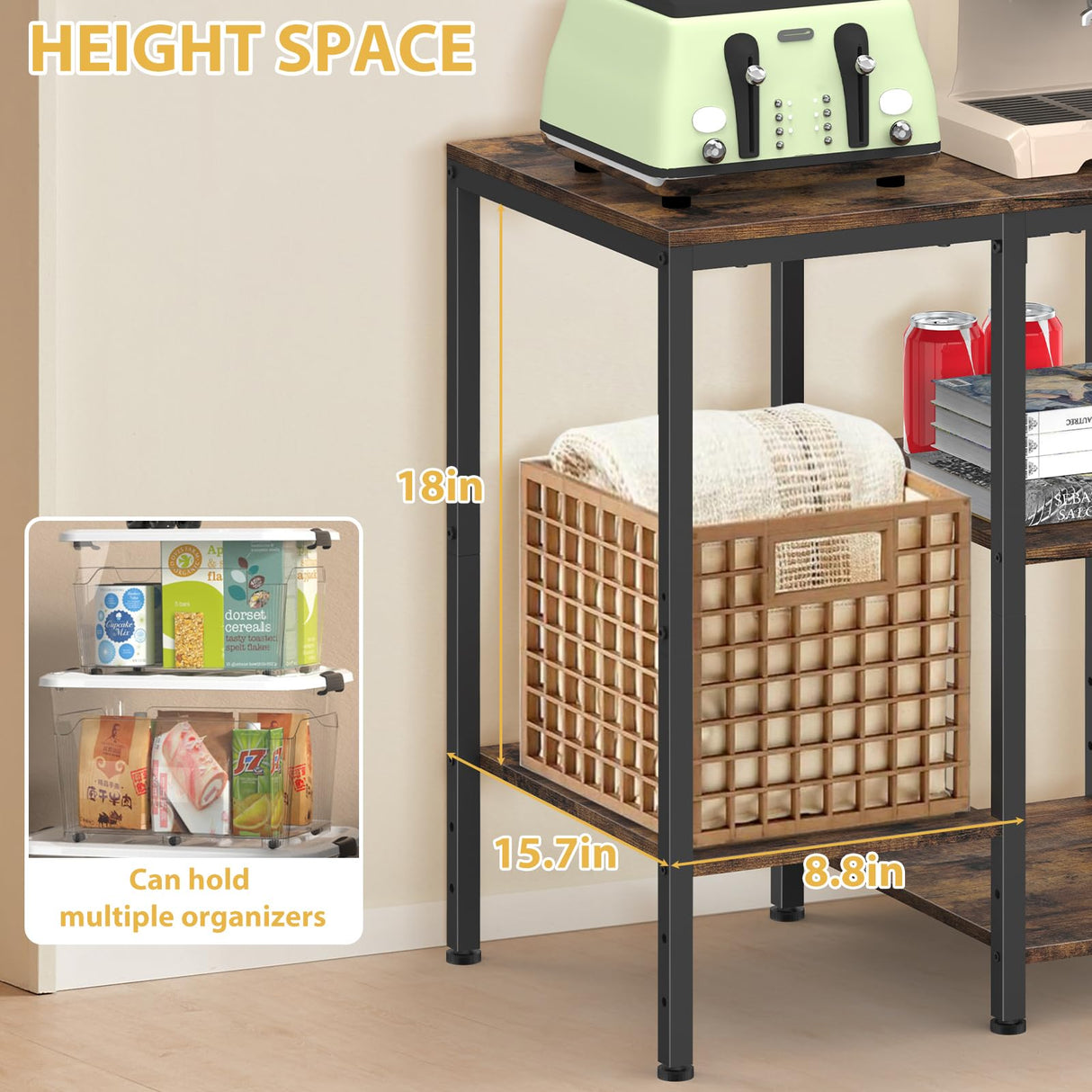 OGEMXU Kitchen Baker's Rack, Microwave Stand Table with Storage, 4-Tier Small Kitchen Shelf Rack for Living Room, Office, Corner, Industrial, Rustic Brown OGEMXU