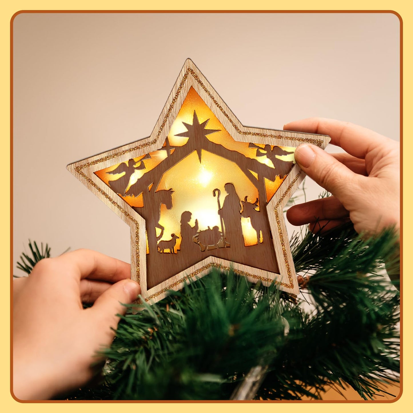 Craftsatin 9.2 x 7.8 Inch Brown Wood Christmas Tree Topper Golden Star Nativity Tree Topper Star of Bethlehem with LED Light for Christmas Party Decoration Tabletop Display Housewarming Birthday Gift