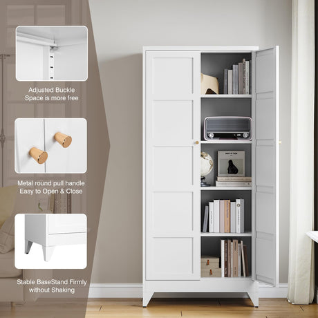 Yizosh Metal Storage Cabinet with 2 Doors and 4 Adjustable Shelves,- 72" White Kitchen Pantry Storage Cabinet for Kitchen,Living Room,Dining Room Yizosh