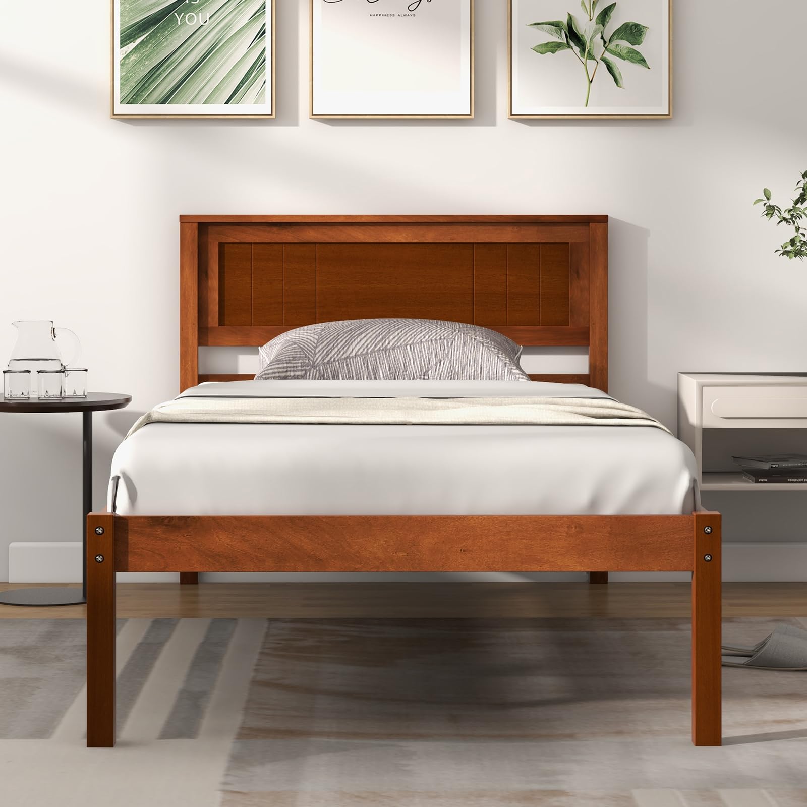 Giantex Wood Twin Platform Bed with Headboard, Mid Century Solid Wood Bed Frame with Wood Slat Support, Wooden Mattress Foundation with 12" Under Bed Storage for Bedroom, Easy Assembly, Walnu - WoodArtSupply