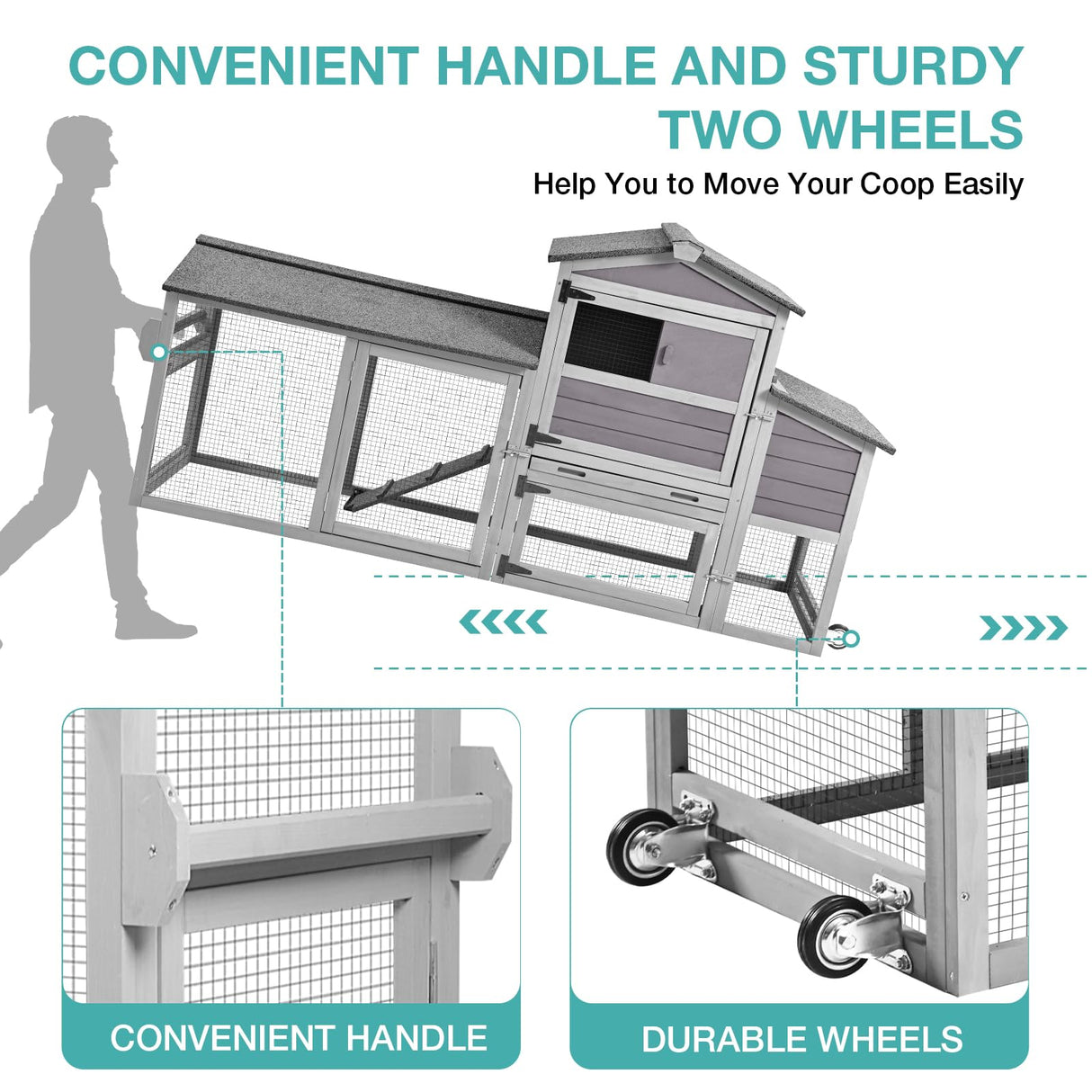 Wooden Chicken Coop with Wheels, Mobile Hen House 80" Outdoor Poultry Cage with Nesting Box Run Suumerpety