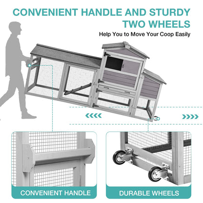 Wooden Chicken Coop with Wheels, Mobile Hen House 80" Outdoor Poultry Cage with Nesting Box Run