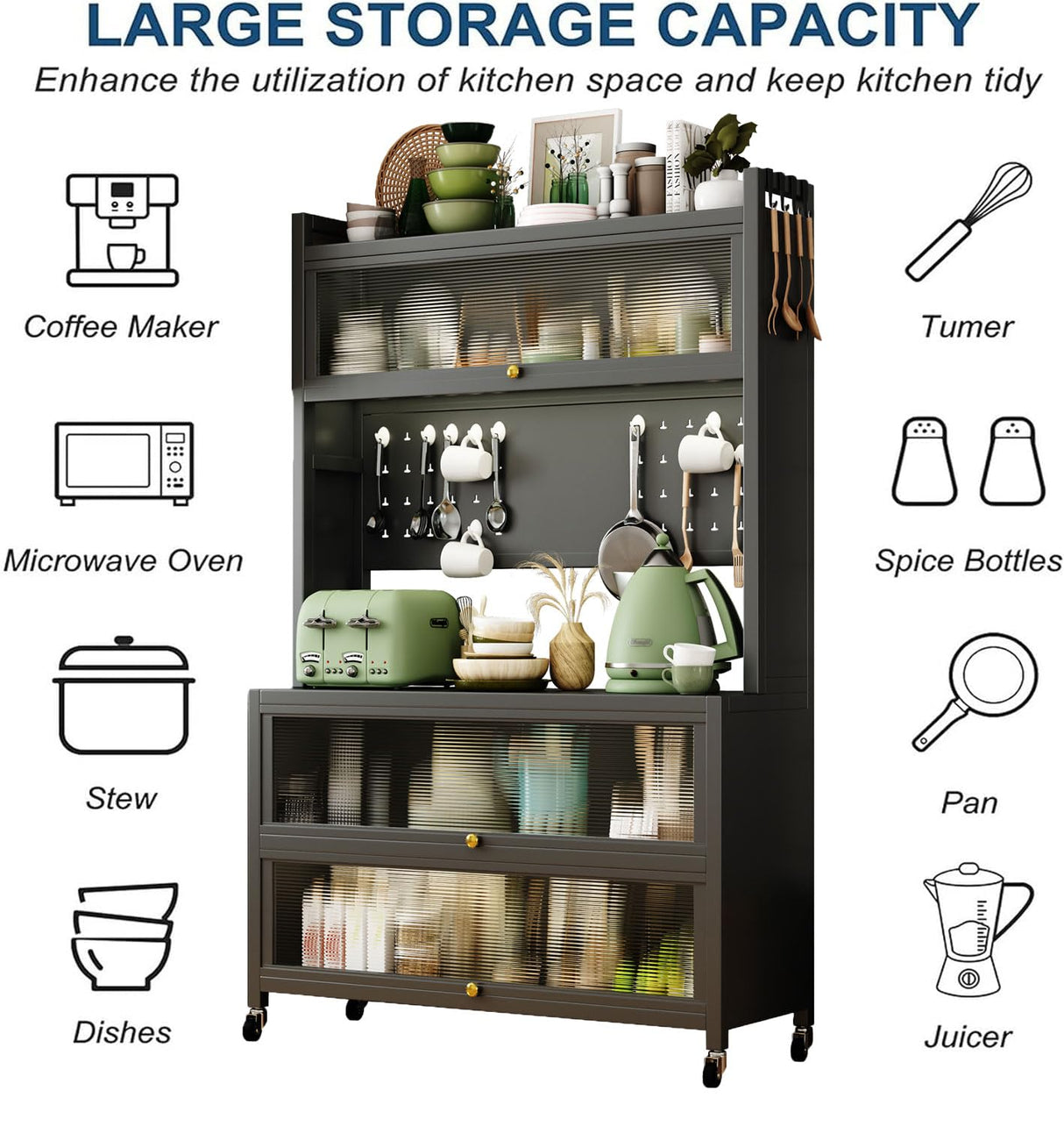 Runboll Kitchen Pantry Cabinet Storage with Microwave Shelf 5 Tier Metal Sideboard Baker's Rack Coffee Bar Hutch Buffet Laundry Storage, with Wheels & Hooks Runboll