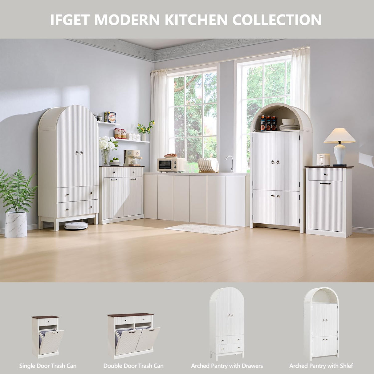 IFGET Modern Tilt-Out Trash Can Cabinet, 10 Gallon Fluted Laundry Hamper Cabinet with Drawers, Wooden Hidden Garbage Can Cabinet with Storage Basket, Free Standing for Kitchen and Living Room, White IFGET