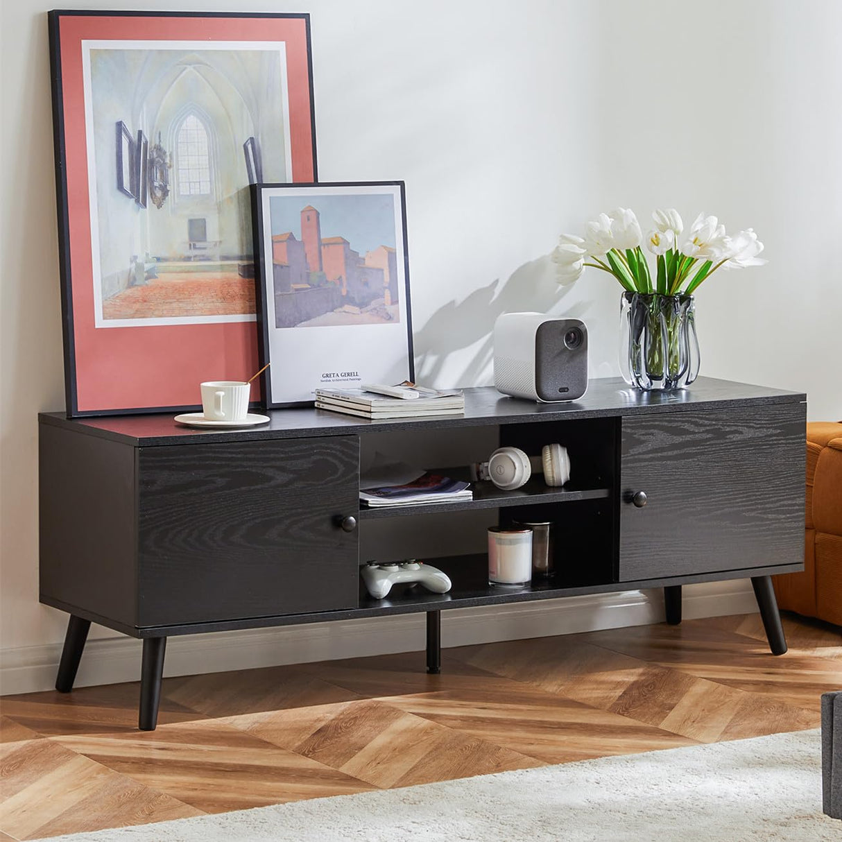 Huedimboene Farmhouse TV Stand for Living Room, Mid Century Modern TV Stand for 55/60 inch TV, Wooden Entertainment Center with Storage, TV and Media Consol for Living Room (Black) Huedimboene