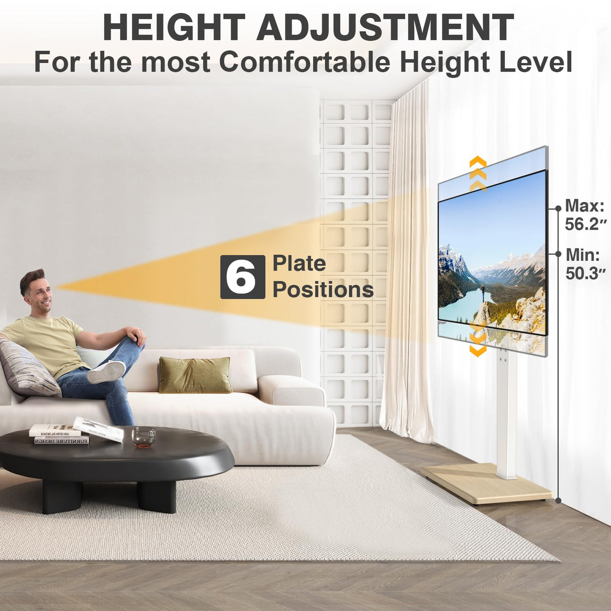 TV Floor Stand for 32-75 Inch Plasma LCD LED OLED Flat Panel or Curved Screen TVs, Swivel TV Stand Mount with Height Adjustment and Sturdy Wood Base, White TAVR Furniture