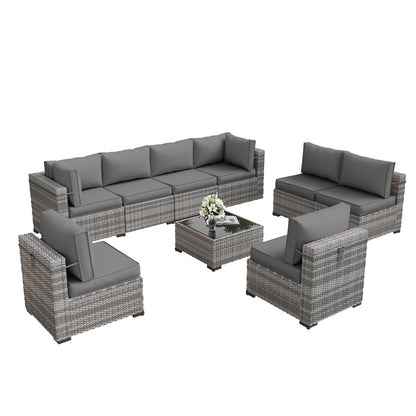 Amopatio Patio Furniture Set, Outdoor Patio Furniture Wicker Furniture Couch Set, 9 Pieces Outdoor Sectional Sofa with Patio Furniture Cover, Outdoor Patio Set for Porch Furniture (Grey)