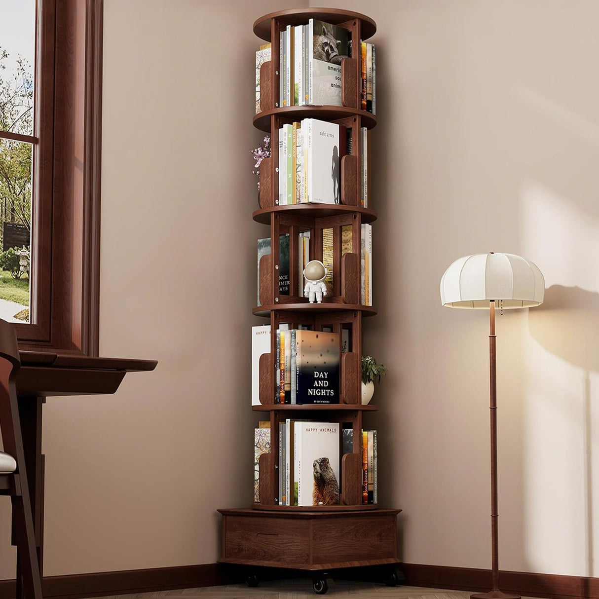 JIAWORLDER Solid Wood Rotating Bookshelf Tower on Wheels, 5-Tier Spinning Bookcase with Drawer, 72" Floor Standing Revolving Bookshelf, Rotating Bookcase for Small Space, Walnut JIAWORLDER