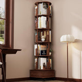 JIAWORLDER Solid Wood Rotating Bookshelf Tower on Wheels, 5-Tier Spinning Bookcase with Drawer, 72" Floor Standing Revolving Bookshelf, Rotating Bookcase for Small Space, Walnut JIAWORLDER