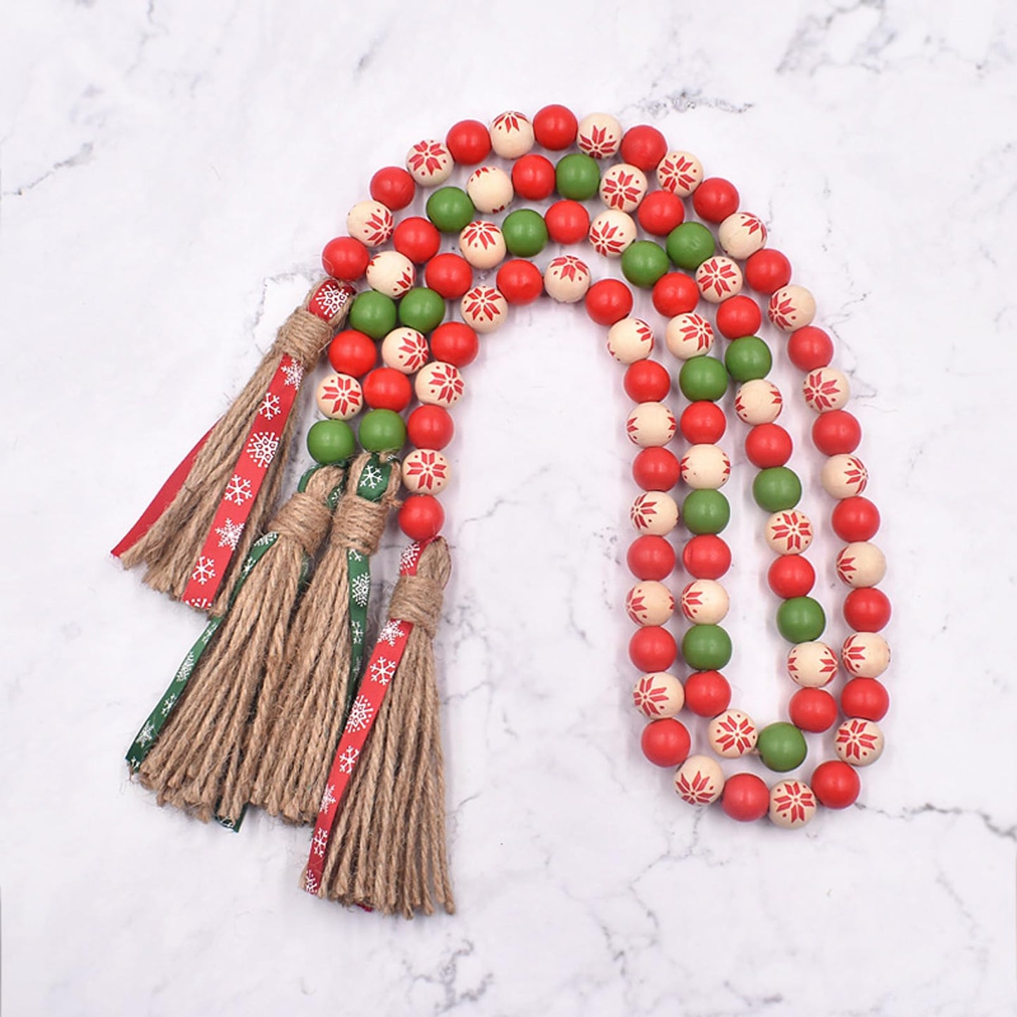 Christmas Wood Bead Garland - Green Red Rustic Wooden Beads with Jute Rope Plaid Tassel Bead Garland for New Year Winter Xmas Tiered Tray Décor Farmhouse Home Kitchen Wall Hanging Decoration