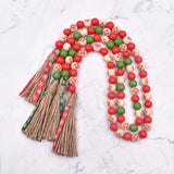 Christmas Wood Bead Garland - Green Red Rustic Wooden Beads with Jute Rope Plaid Tassel Bead Garland for New Year Winter Xmas Tiered Tray Décor Farmhouse Home Kitchen Wall Hanging Decoration Sfoni