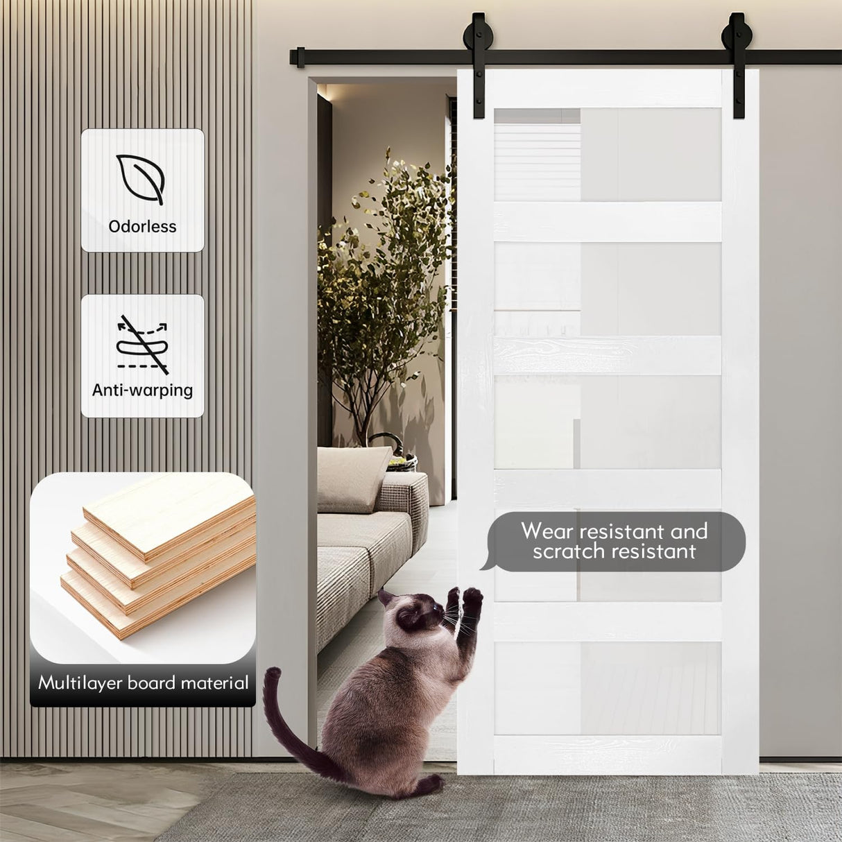 S&Z TOPHAND® 36 in x 84 in Glass Sliding MDF Barn Door with 6.6FT Sliding Door Hardware Kit, 5 Tempered Frosted Glass, Slab Inside Covered with Water-Proof PVC Surface, Simple DIY Assembly S&Z TOPHAND