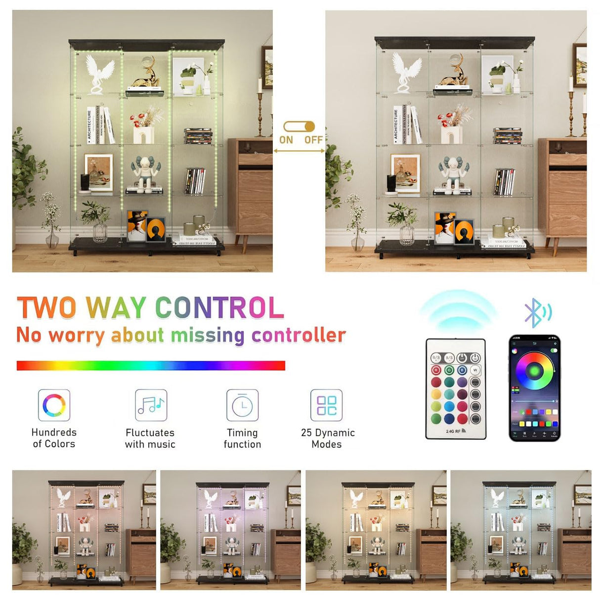TRJQBCC 3 Column 2 Doors Tempered Glass Display Cabinet with LED Lights Strip, 4-Shelf Wooden Removable Curio Storage Cabinet with Casters, 65" H Lock Display Case Bookshelf for Home & Office (Black) TRJQBCC