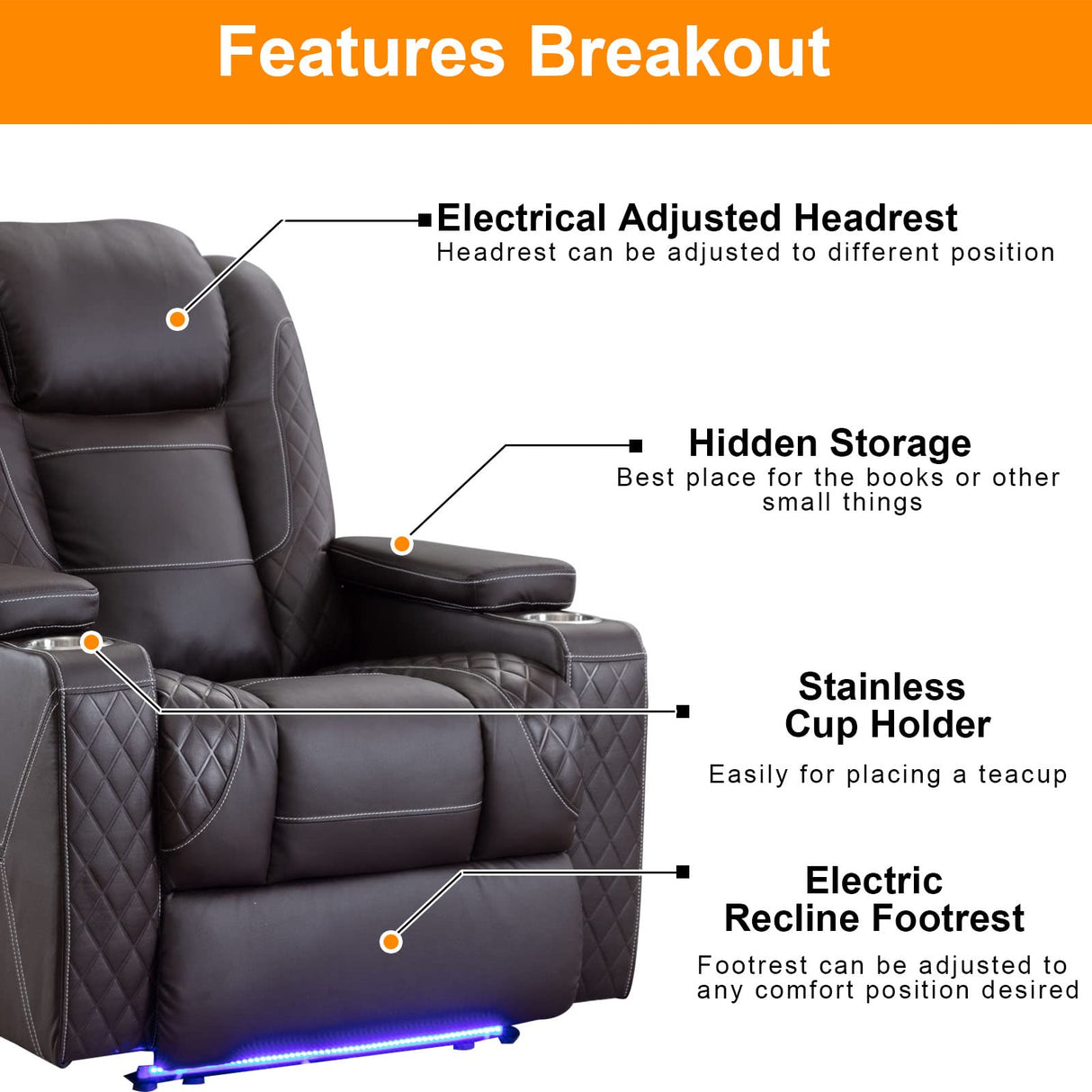 Houjud Power Recliner Chair, Home Theater Seating Soft Leather Electric Recliner Movie Chair for Living Room with Adjustable Headrest, LED Lighting, Hidden Arm Storage, Cup Holder (Brown) Houjud